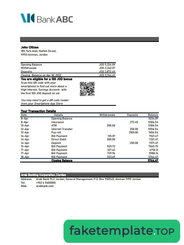 Feature of fake Jordan ABC Bank statement xls